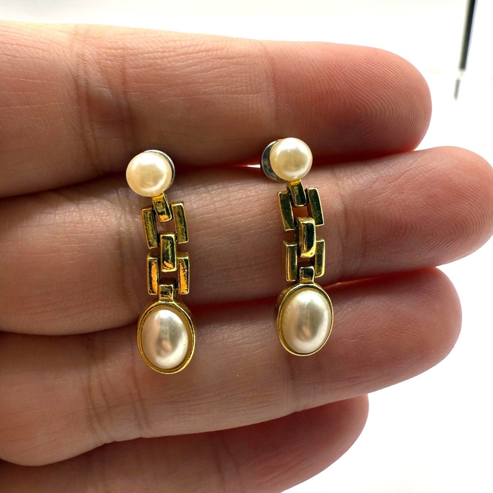 Vintage Gold Tone Faux Pearl‎ Link Drop Earrings – Geometric Dangle Statement